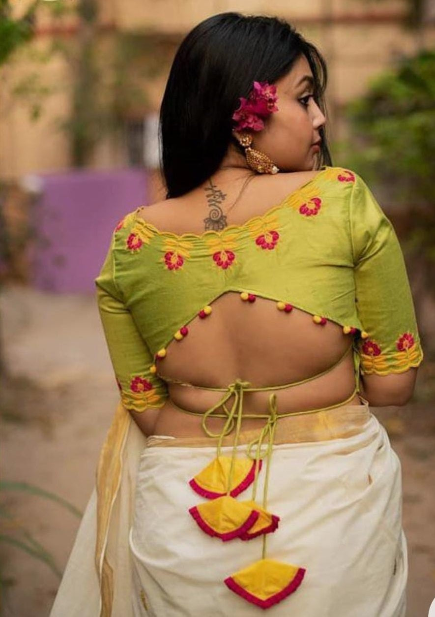 Floral Embroidery Round Neck Potli Button & Tied detailing Blouses(Add To Cart 15% Off) - Dailybuyys