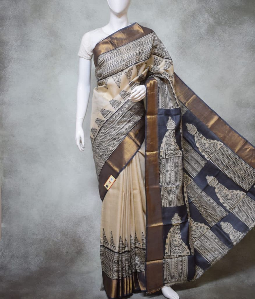 Beige Block Printed Zari Border Pure Silk Mark Certified Tussar Silk Sarees - Dailybuyys