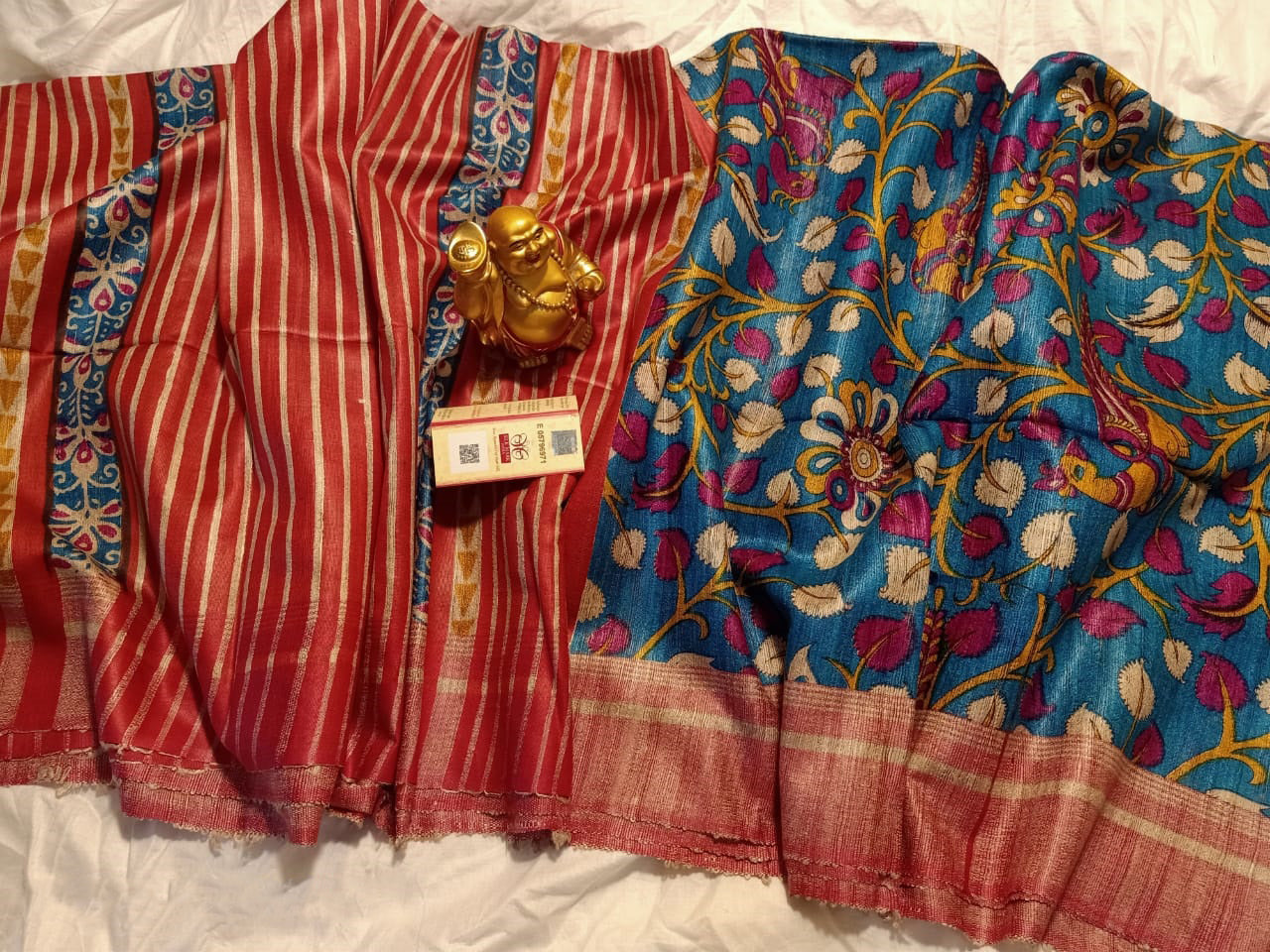 Blue Red Printed Pure Silk Mark Certified Tussar Ghicha Silk Sarees - Dailybuyys