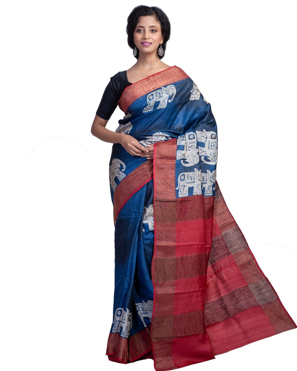 Blue Red Block Printed Zari Border Pure Silk Mark Certified Tussar Silk Sarees - Dailybuyys