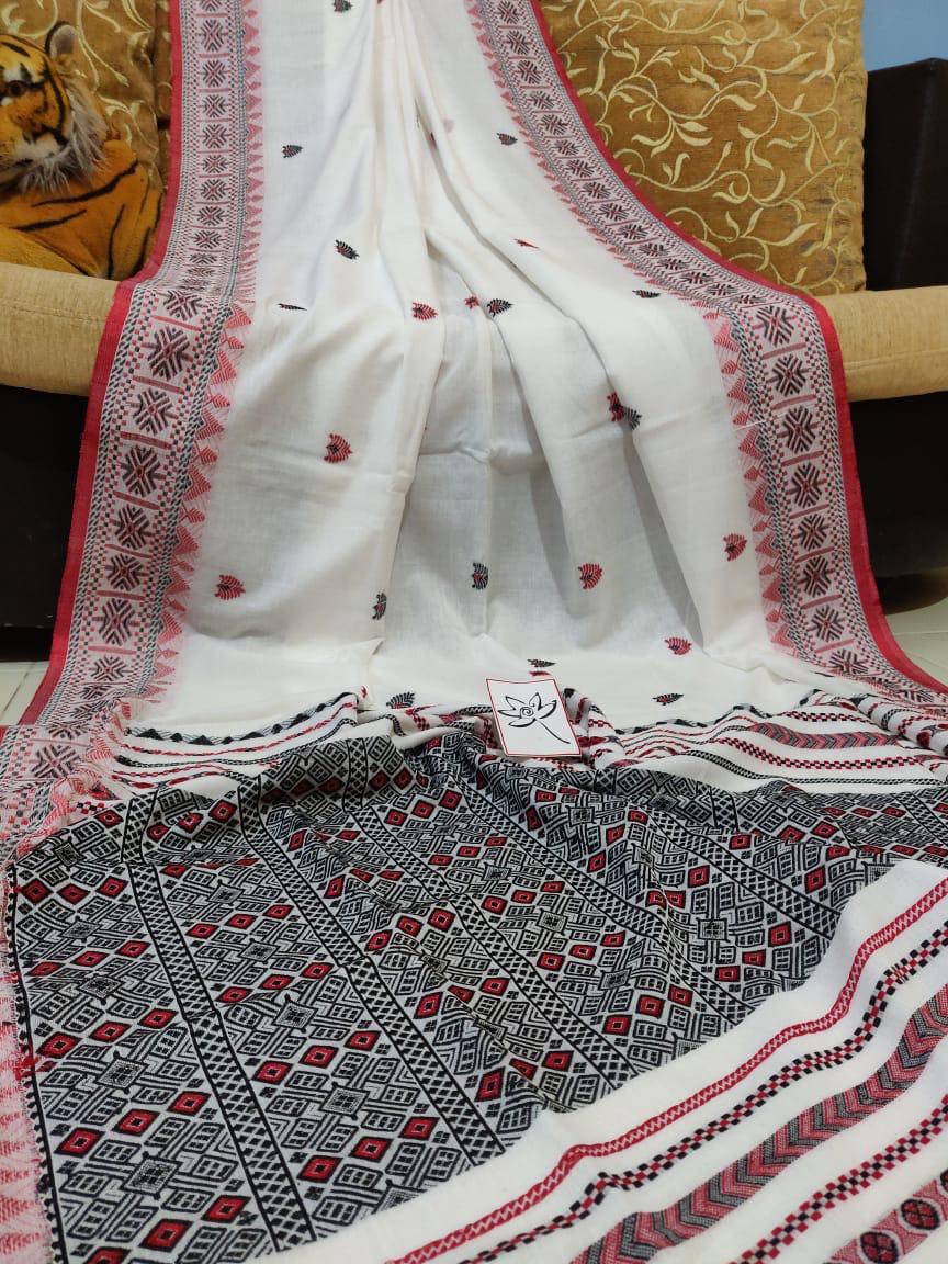 White Merserize Khadi Begumpuri Handloom Sarees - Dailybuyys