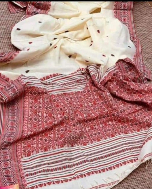 White Merserize Khadi Begumpuri Handloom Sarees - Dailybuyys