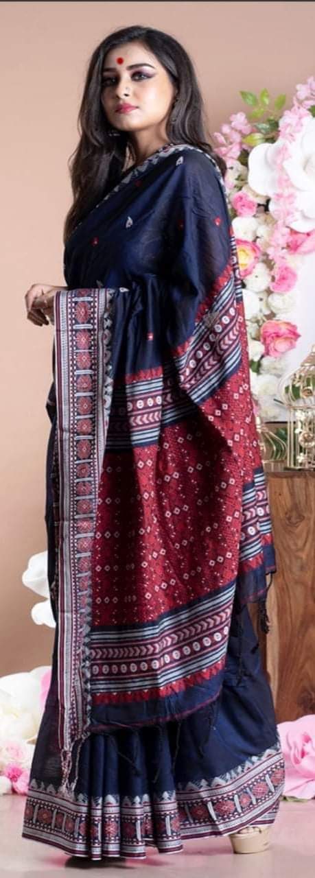 Blue Merserize Khadi Begumpuri Handloom Sarees - Dailybuyys