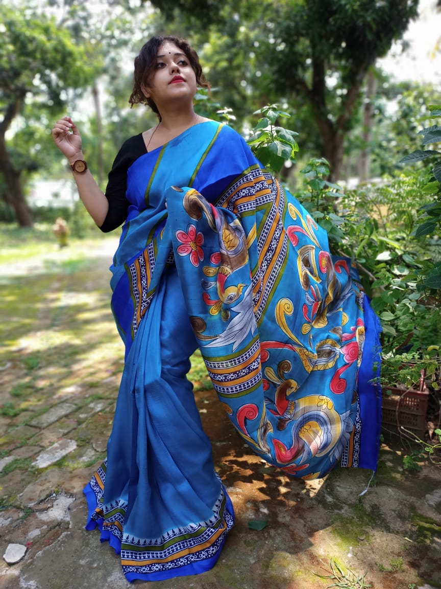 Blue Hand Block Painted Floral Motif Pure Silk Mark Certified Murshidabad Silk Sarees - Dailybuyys