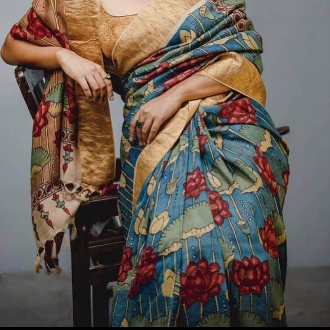 Blue Hand Painted Floral Motif Pure Bengal Pure Silk Mark Certified Tussar Silk Sarees - Dailybuyys