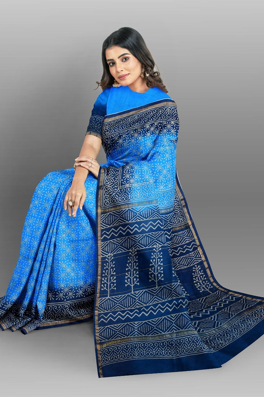 Blue Bagru Printed Pure Chanderi Silk Sarees - Dailybuyys