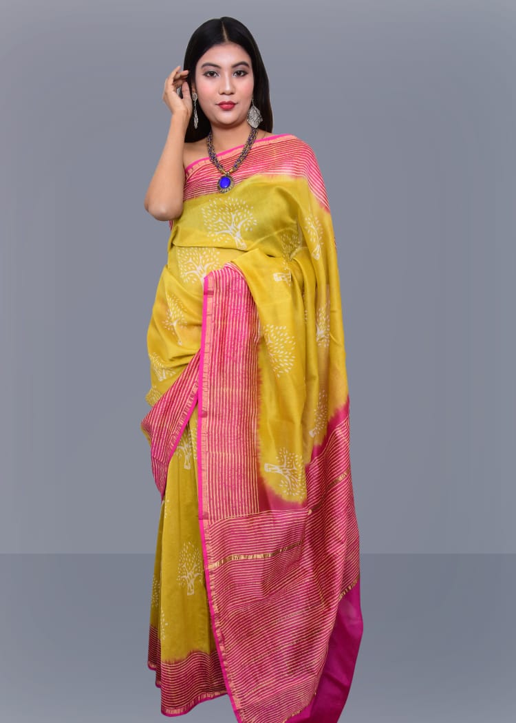 Yellow Pink Bagru Printed Pure Chanderi Silk Sarees - Dailybuyys