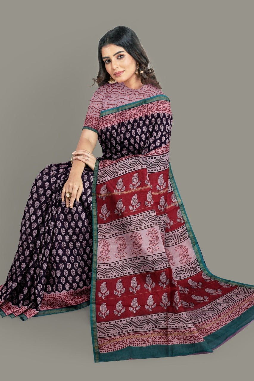 Black Red Bagru Printed Pure Chanderi Silk Sarees - Dailybuyys