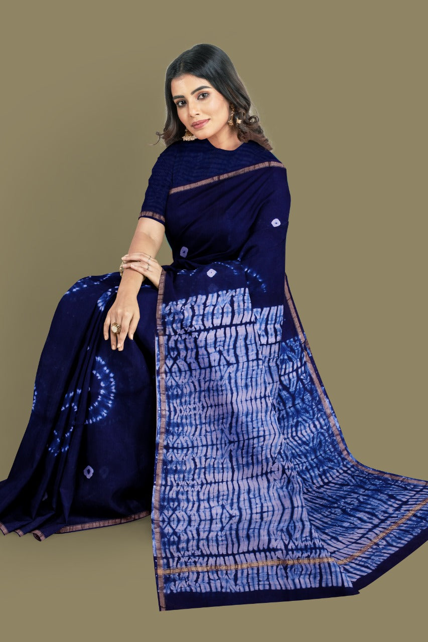 Blue Bagru Printed Pure Chanderi Silk Sarees - Dailybuyys