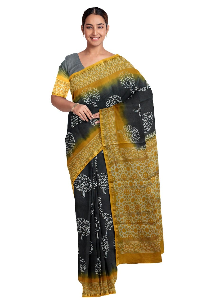 Black Yellow Bagru Printed Pure Chanderi Silk Sarees - Dailybuyys