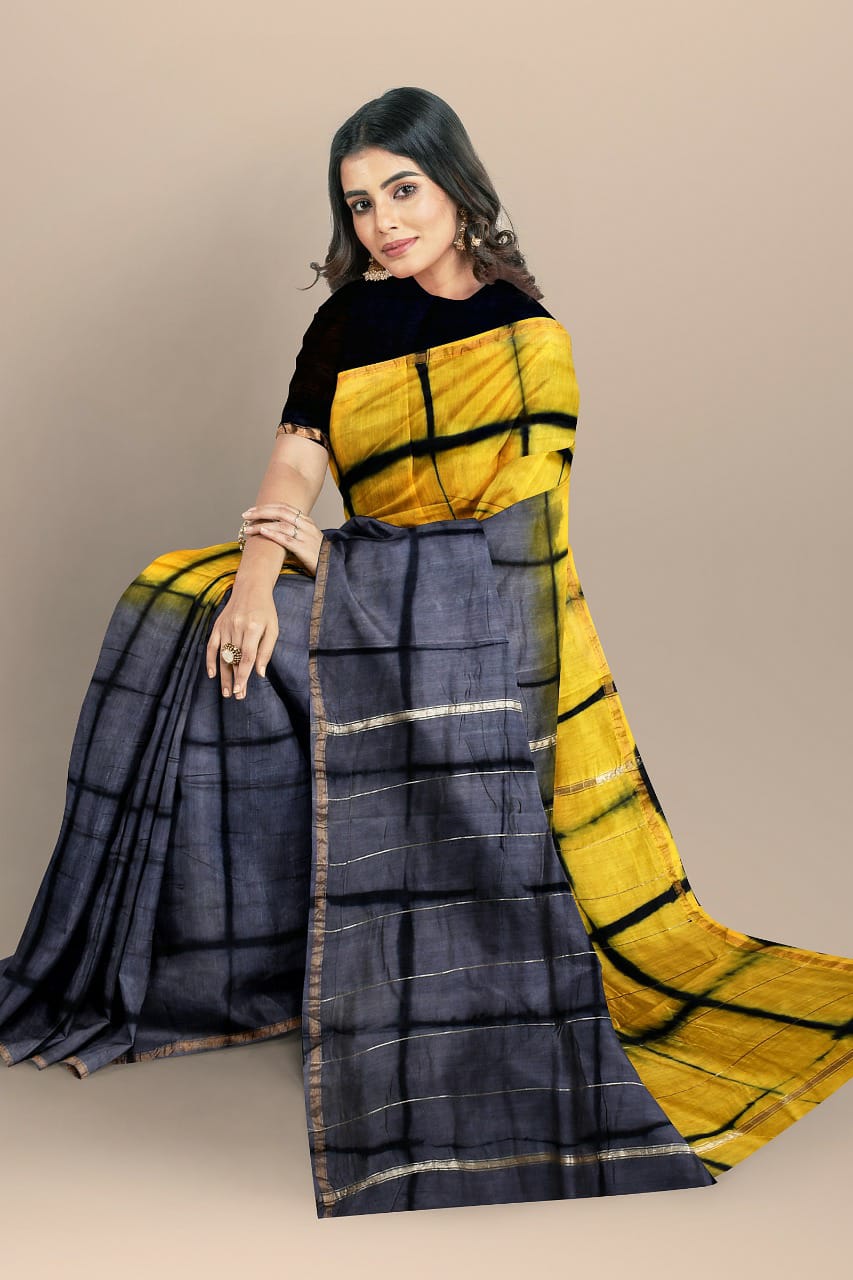 Yellow Grey Bagru Printed Pure Chanderi Silk Sarees - Dailybuyys
