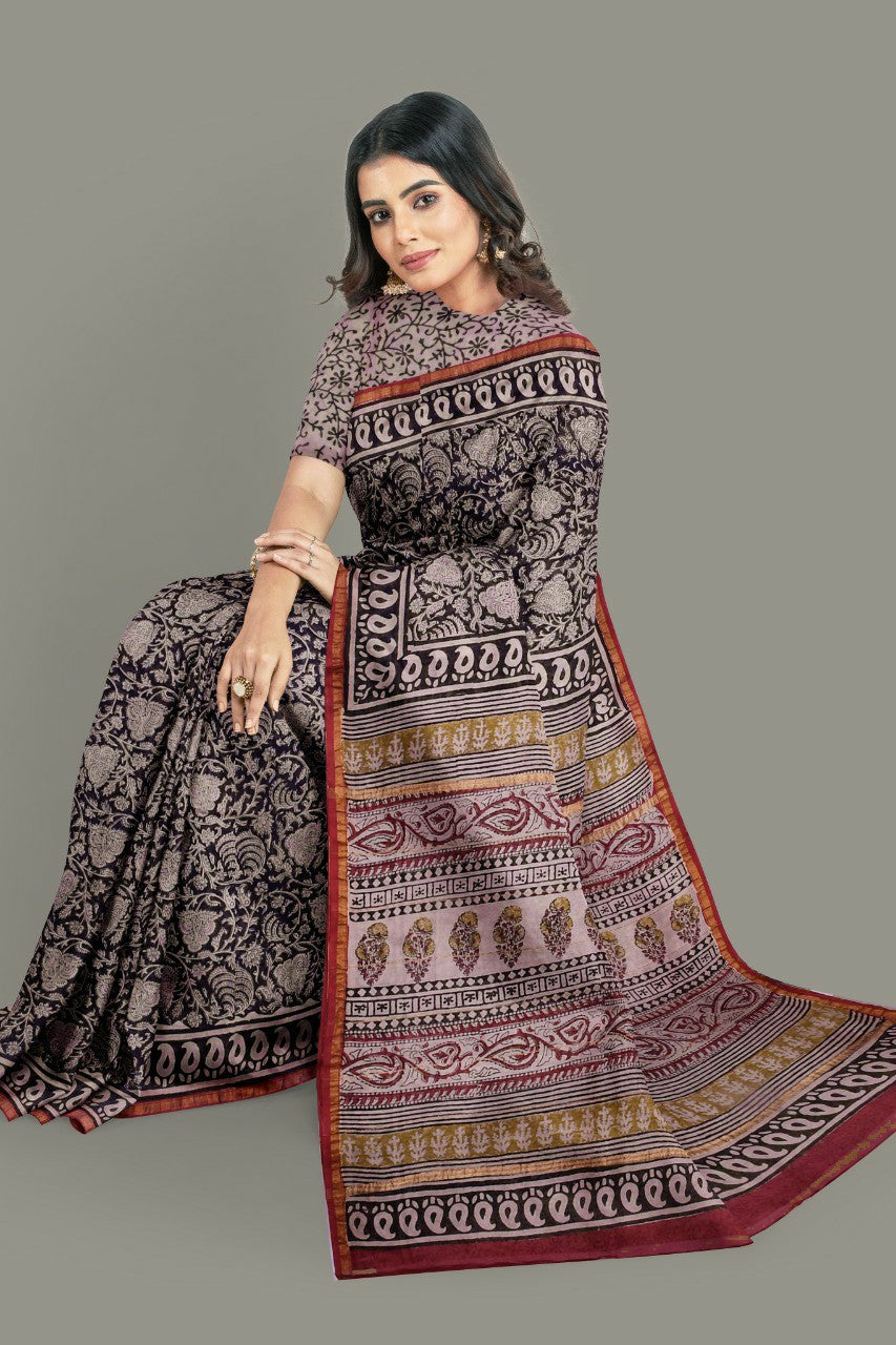 Black Bagru Printed Pure Chanderi Silk Sarees - Dailybuyys