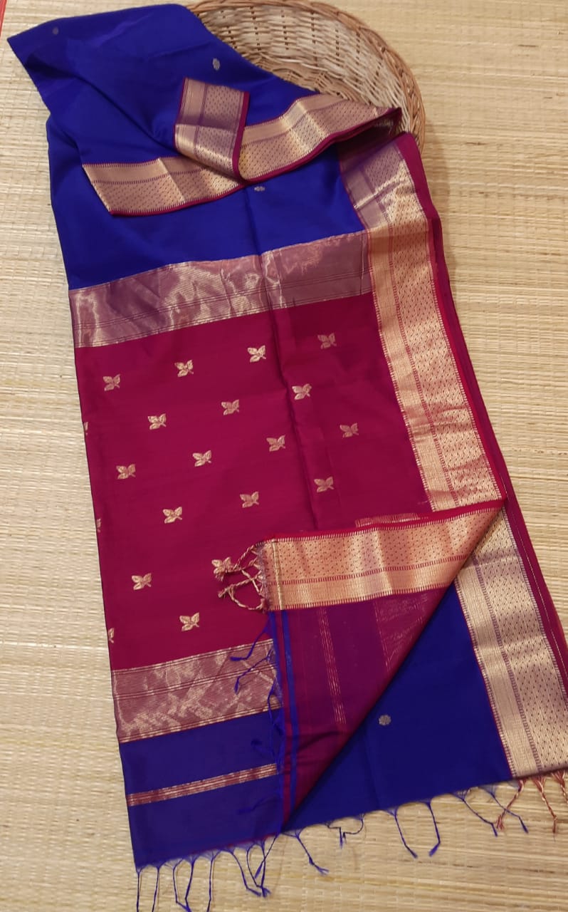 Blue Red Maheshwari Silk Sarees - Dailybuyys
