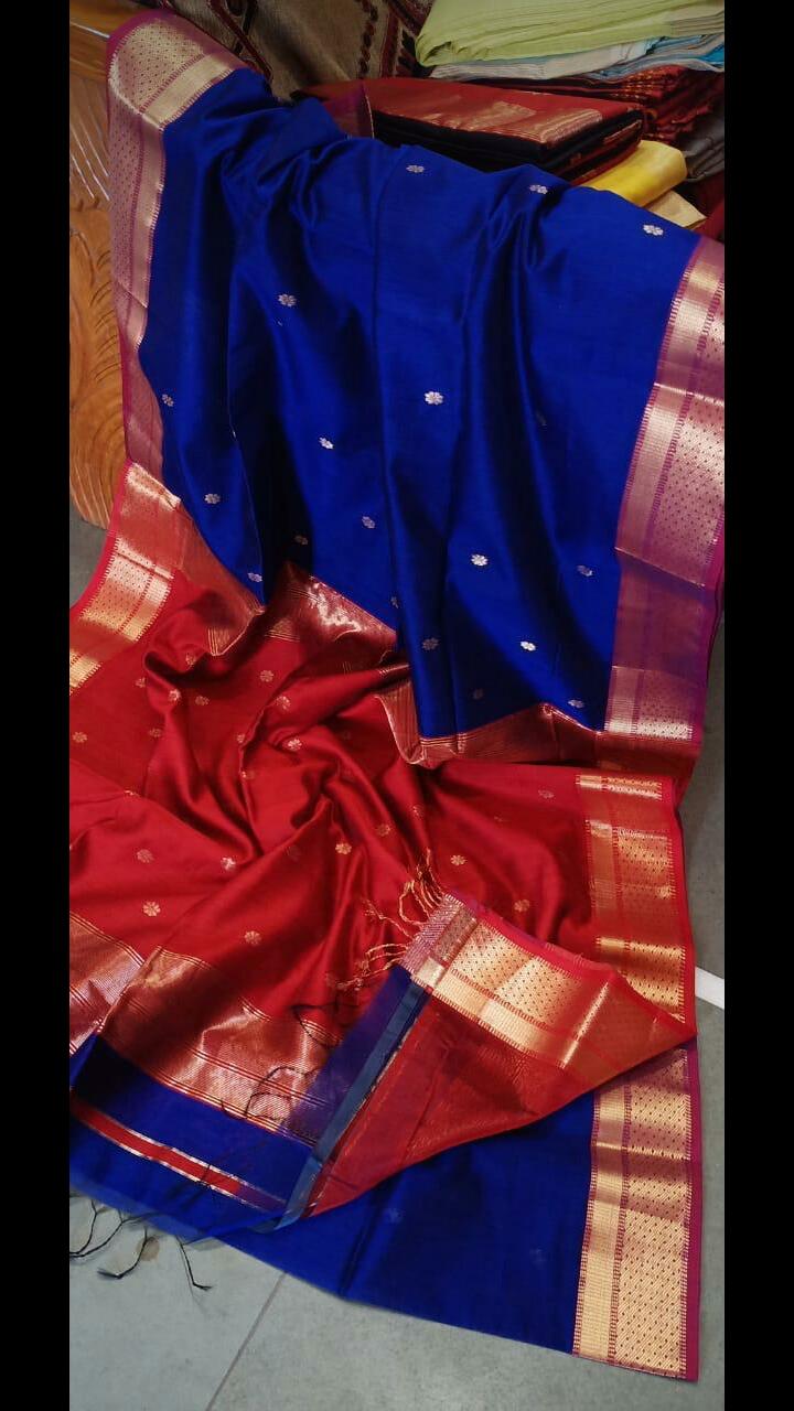 Blue Red Maheshwari Silk Sarees - Dailybuyys