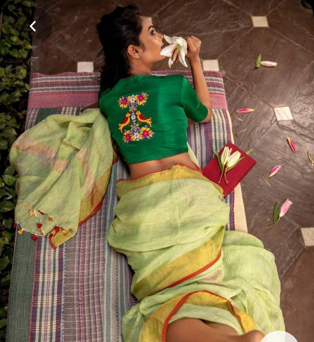 Green Floral Motif Embroidered Boat Neck Piping Blouses(Add To Cart 15% Off) - Dailybuyys