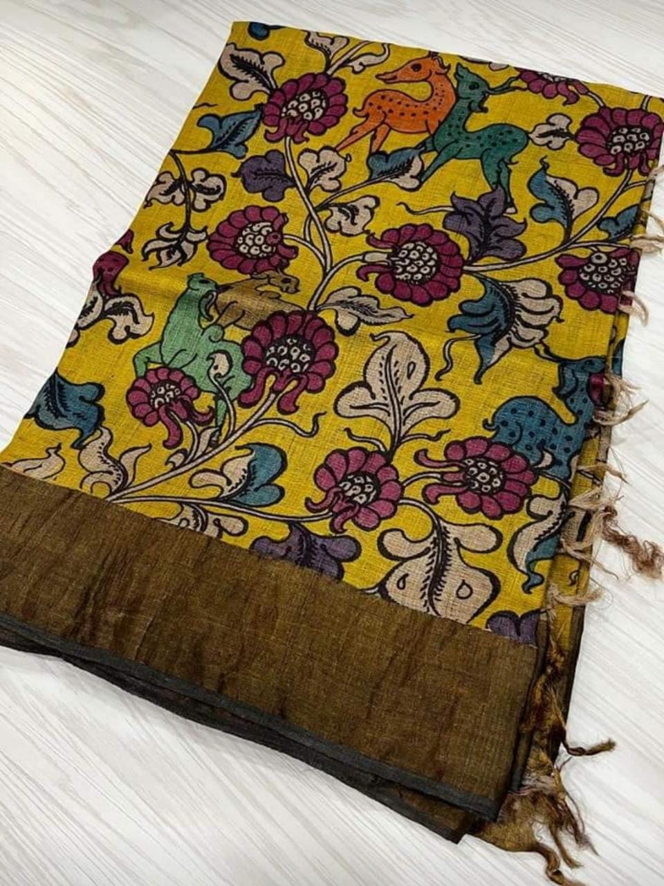 Yellow Multi Colour Pure Silk Mark Certified Kalamkari Tussar Silk Sarees - Dailybuyys
