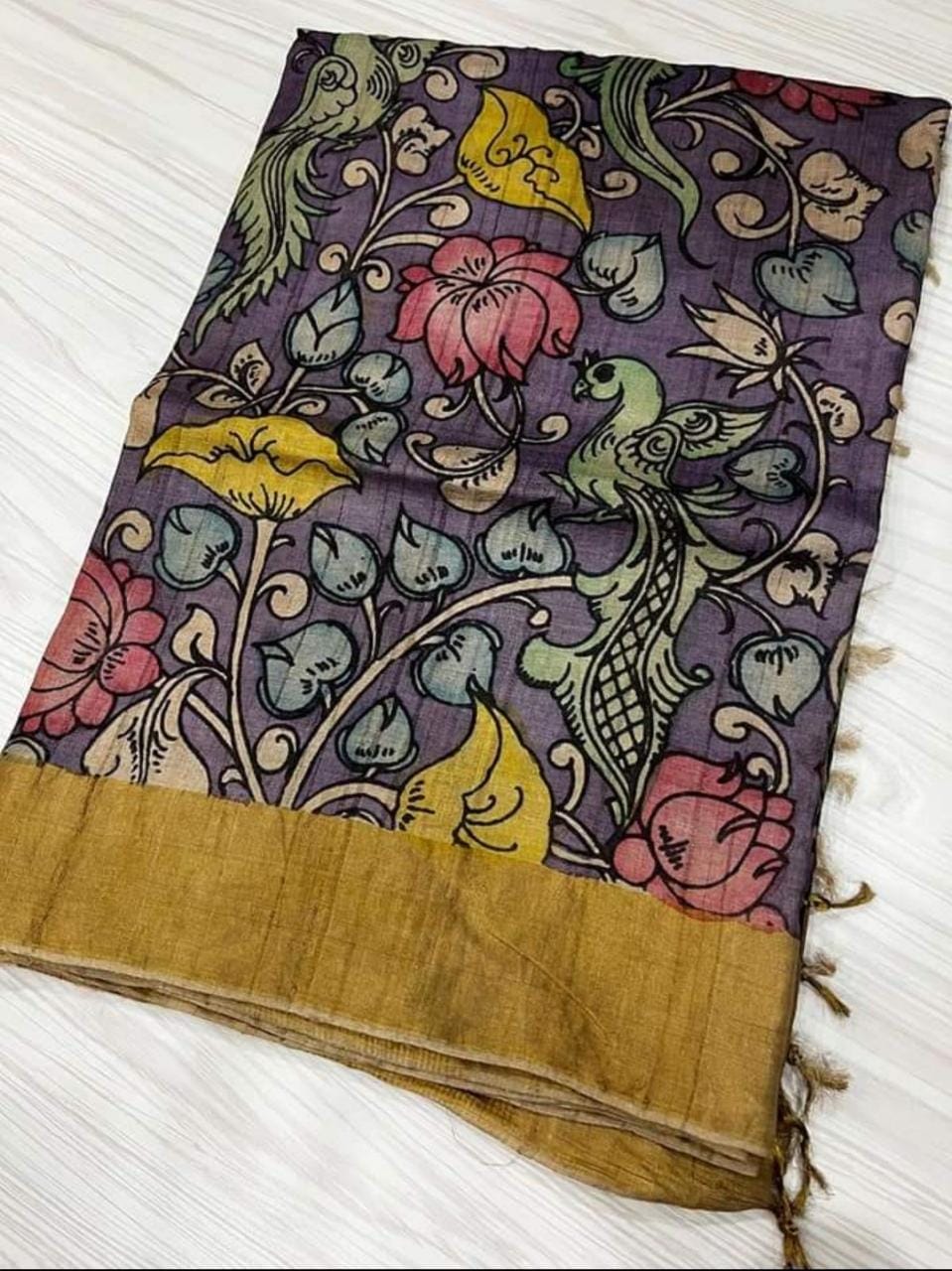 Slate Coloured Multi Colour Pure Silk Mark Certified Kalamkari Tussar Silk Sarees - Dailybuyys