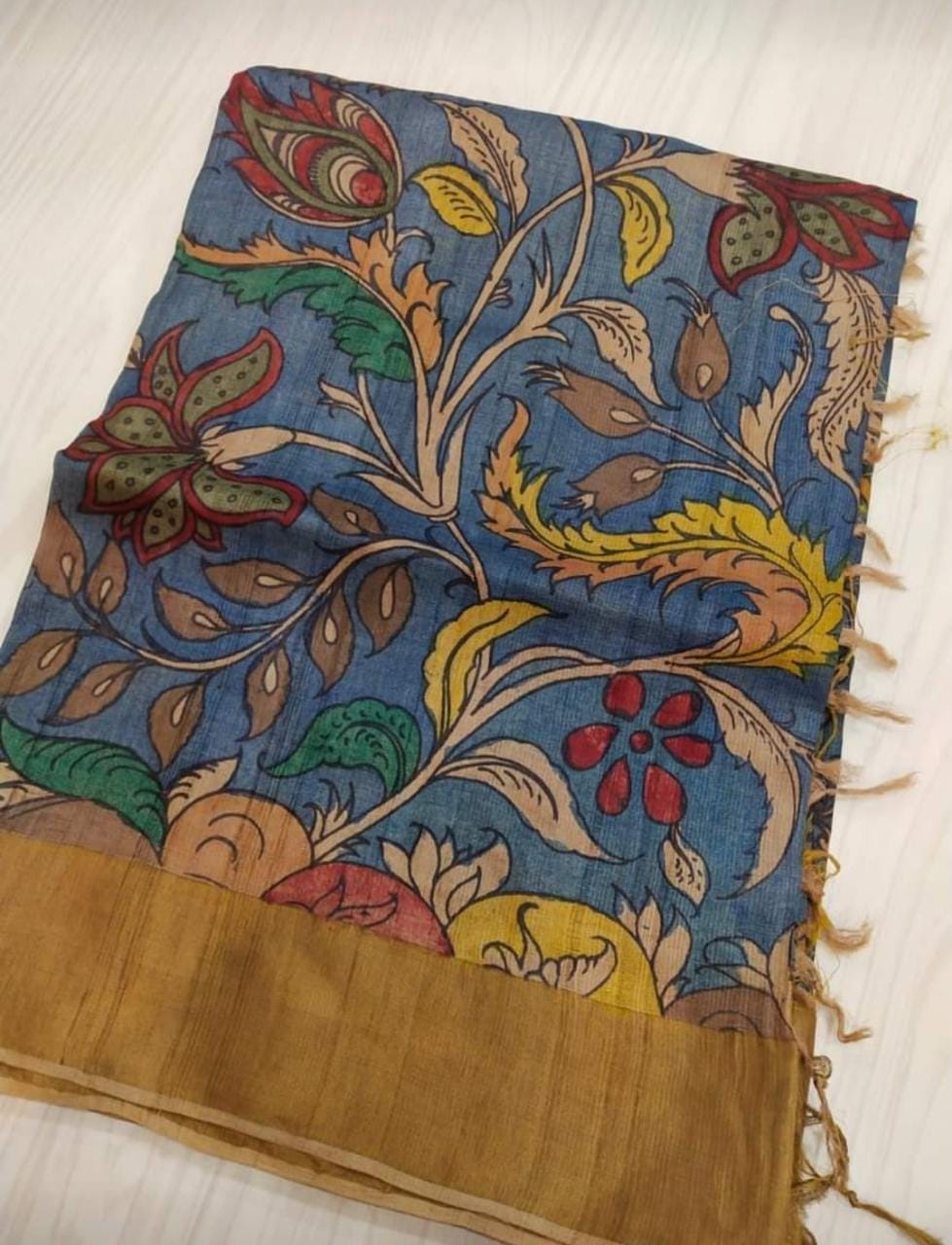 Blue Multi Colour Sri Kala Hasti Pure Silk Mark Certified Kalamkari Tussar Silk Sarees - Dailybuyys