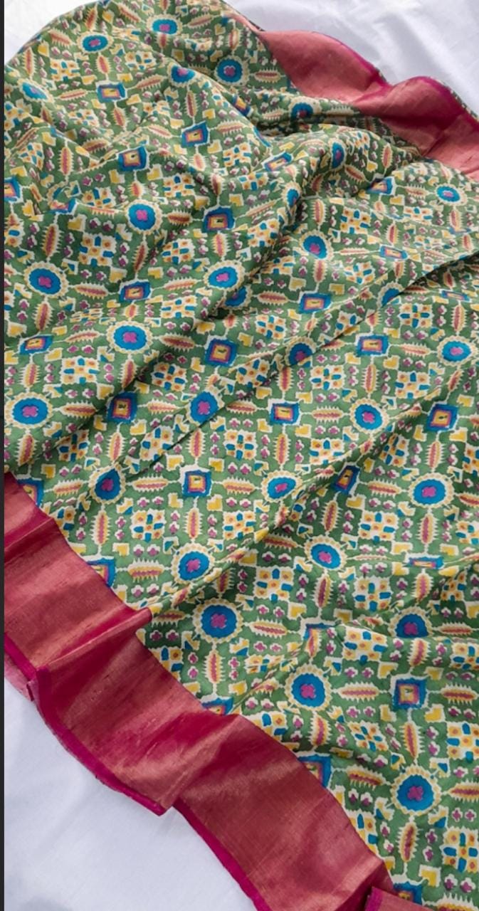 Green and Rani Block Print Zari Border Pure Silk Mark Certified Tussar Silk Sarees - Dailybuyys