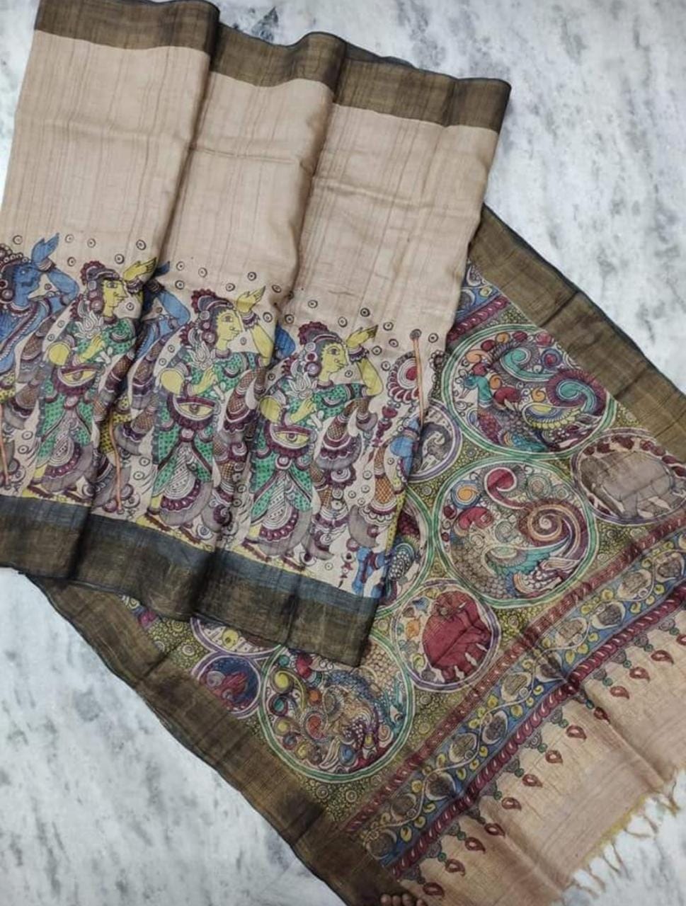 Multi Colour Sri Kala Hasti Pure Silk Mark Certified Kalamkari Tussar Silk Sarees - Dailybuyys