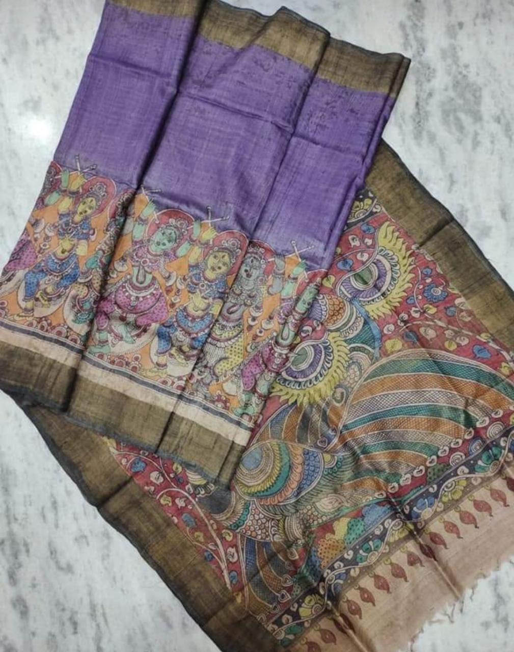 Multi Colour Sri Kala Hasti Pure Silk Mark Certified Kalamkari Tussar Silk Sarees - Dailybuyys