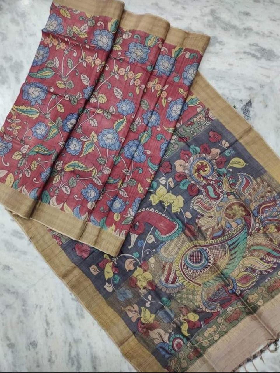 Red Multi Colour Sri Kala Hasti Pure Silk Mark Certified Kalamkari Tussar Silk Sarees - Dailybuyys