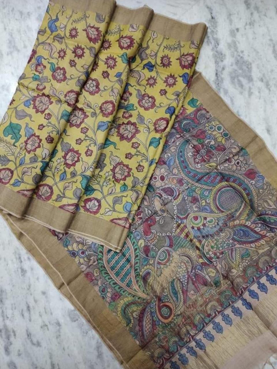 Yellow Multi Colour Sri Kala Hasti Pure Silk Mark Certified Kalamkari Tussar Silk Sarees - Dailybuyys