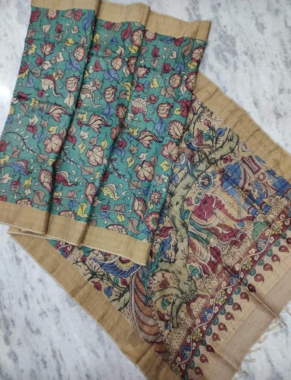 Blue Multi Colour Sri Kala Hasti Pure Silk Mark Certified Kalamkari Tussar Silk Sarees - Dailybuyys