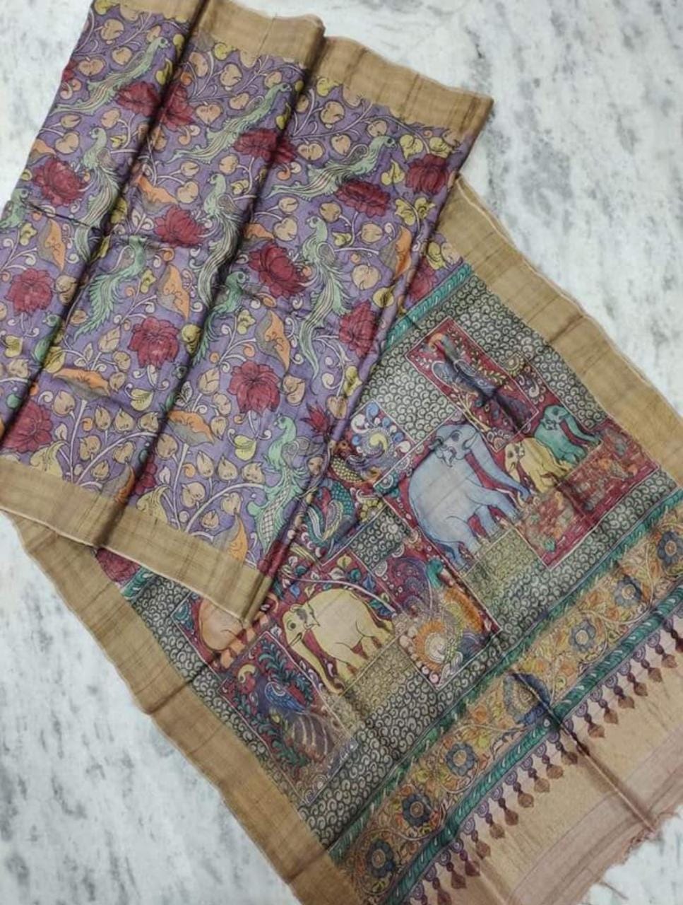 Purple Multi Colour Sri Kala Hasti Pure Silk Mark Certified Tussar Silk Kalamkari Sarees - Dailybuyys