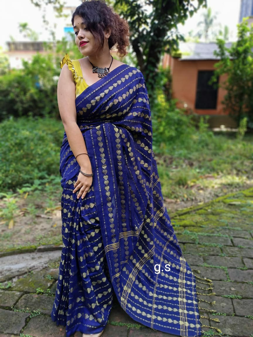 Navy Blue Color Cotton Handloom Sarees (Add to Cart Get 15% Extra Discount - Dailybuyys