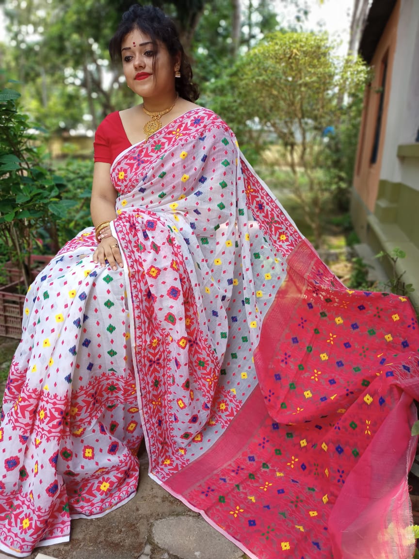 White & Red Cotton Handloom Jamdani Sarees (Add to Cart Get 15% Extra Discount - Dailybuyys