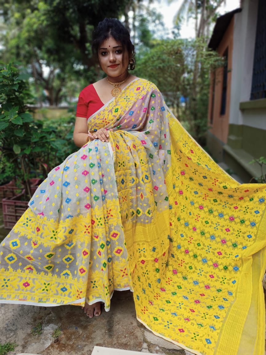 Yellow Cotton Handloom Jamdani Sarees (Add to Cart Get 15% Extra Discount - Dailybuyys