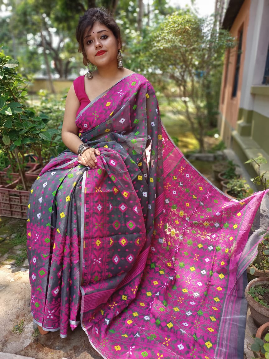 Pink Cotton Handloom Jamdani Sarees (Add to Cart Get 15% Extra Discount - Dailybuyys