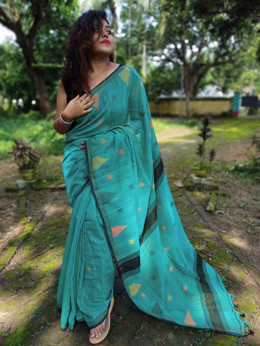 Sky Blue Khadi Cotton Handloom Sarees (Add to Cart Get 15% Extra Discount - Dailybuyys