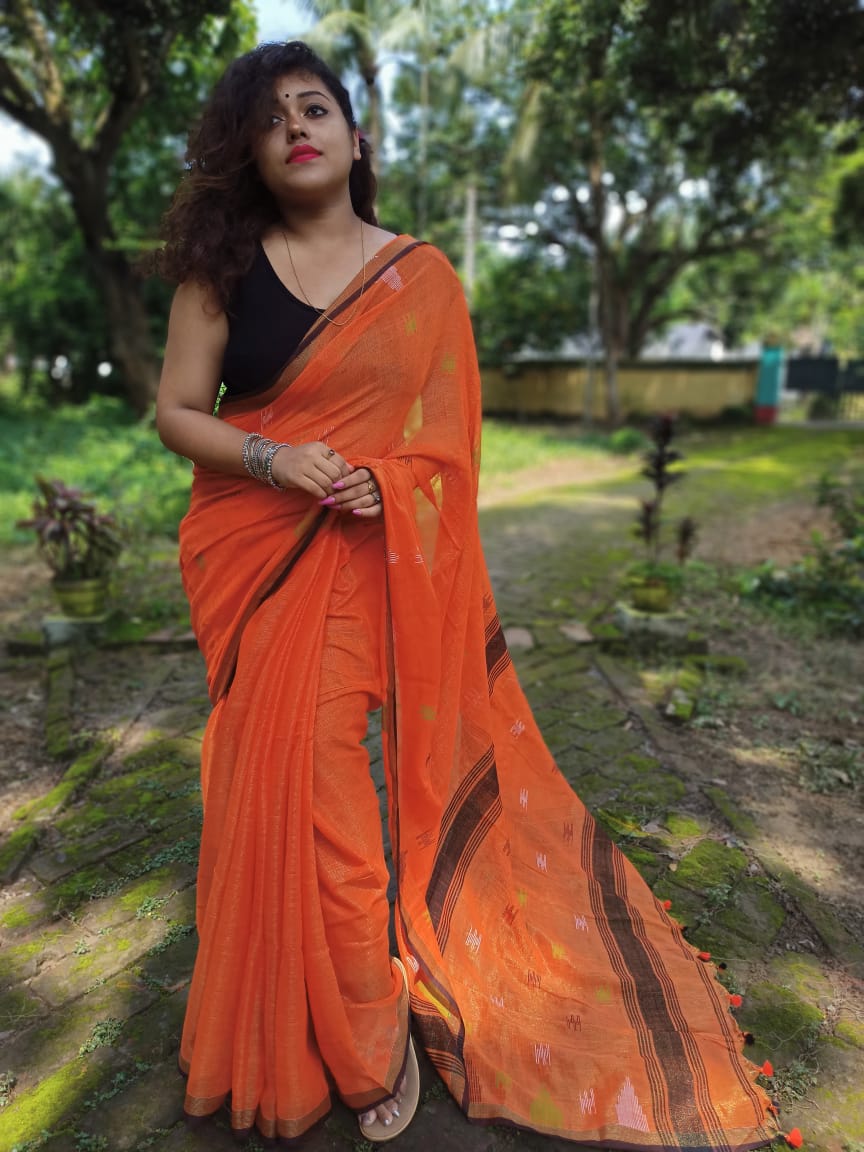 Orange Khadi Cotton Handloom Sarees (Add to Cart Get 15% Extra Discount - Dailybuyys
