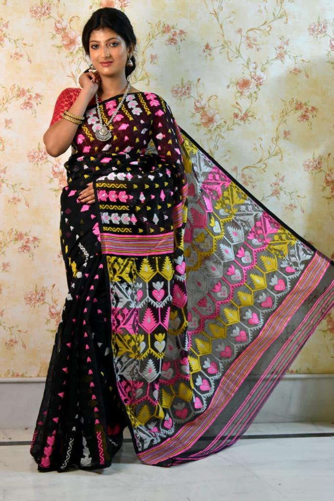 Black Cotton Handloom Jamdani Sarees (Add to Cart Get 15% Extra Discount - Dailybuyys