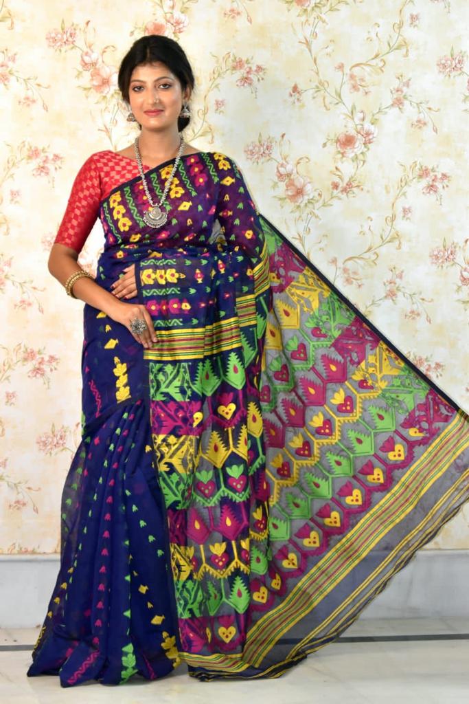 Blue Cotton Handloom Jamdani Sarees (Add to Cart Get 15% Extra Discount - Dailybuyys