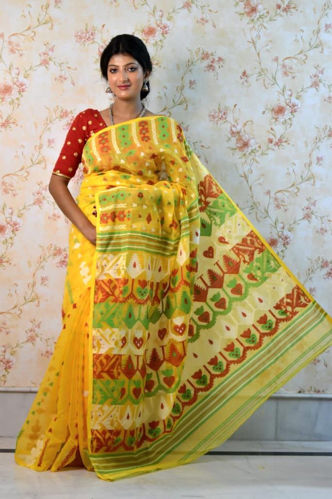 Yellow Cotton Handloom Jamdani Sarees (Add to Cart Get 15% Extra Discount - Dailybuyys