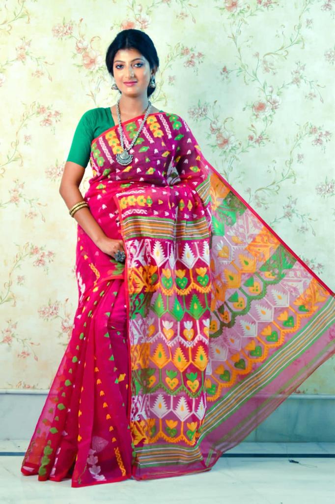 Pink Cotton Handloom Jamdani Sarees (Add to Cart Get 15% Extra Discount - Dailybuyys