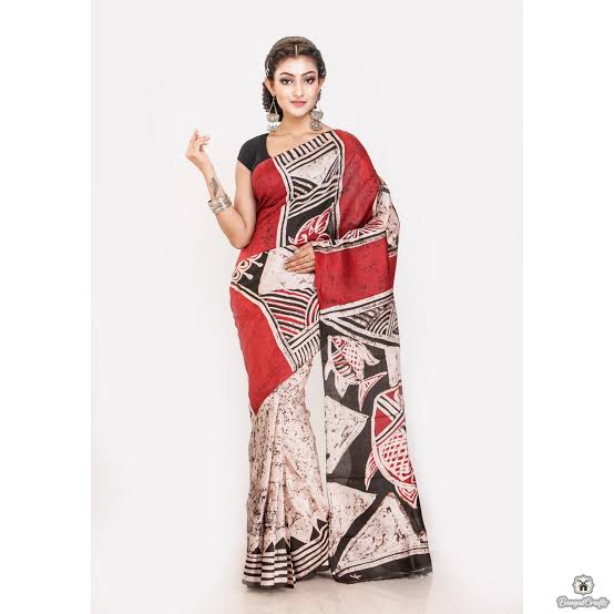 Red Wax Batik Hand Painted Pure Silk Mark Certified Tussar Silk Sarees - Dailybuyys