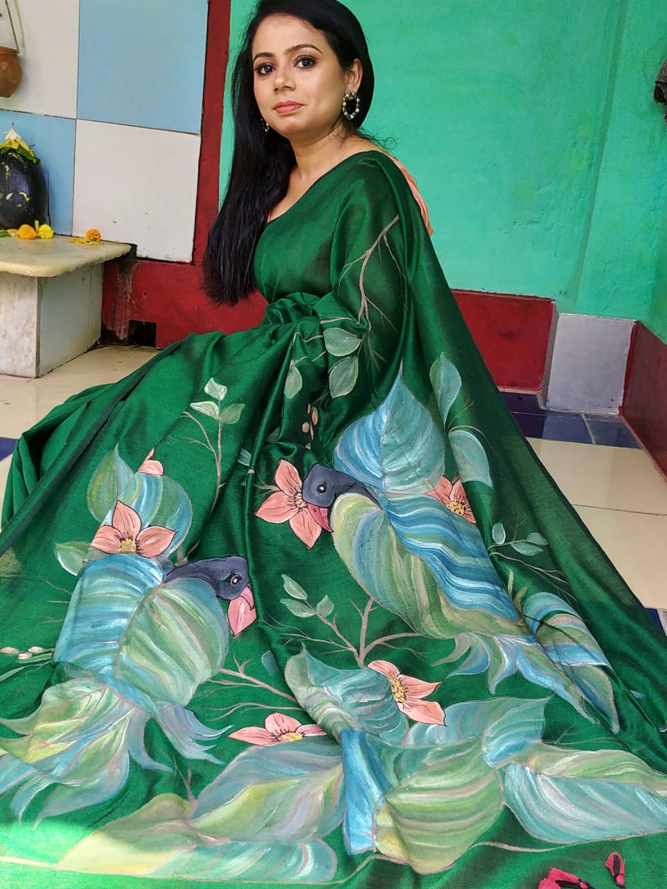 Green Pure Cotton Handloom Hand Painted Saree - Dailybuyys