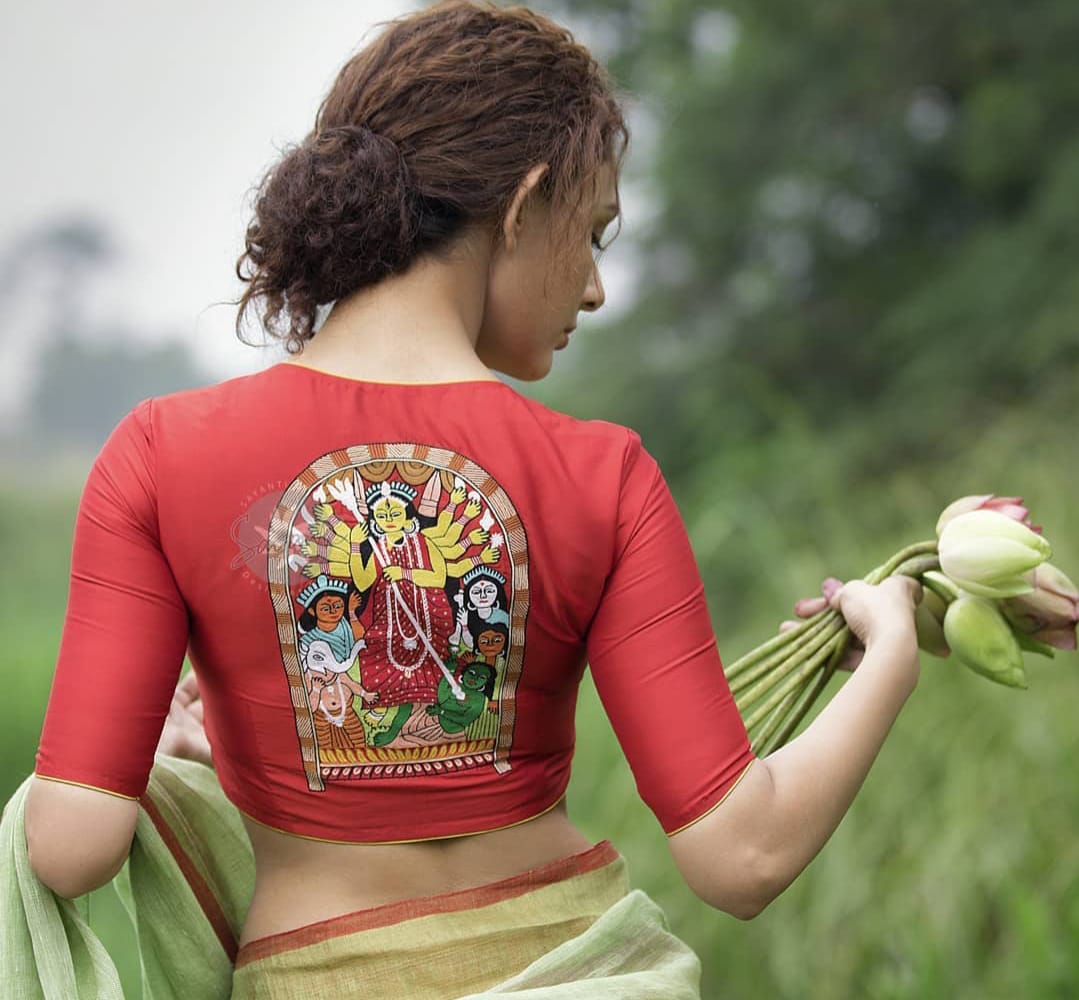 Bengali Wedding Mukut Motif Embroidered Boat Neck Blouses - Dailybuyys