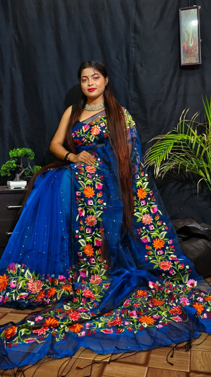 Blue Pure Reshom Silk Mark Certified Muslin Embroidered Saree - Dailybuyys