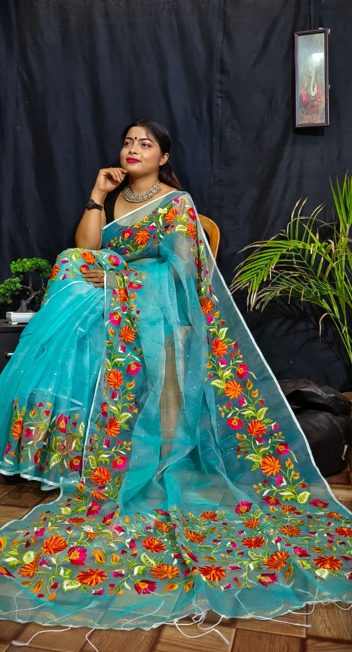 Sky Blue Pure Reshom Silk Mark Certified Muslin Embroidered Saree - Dailybuyys