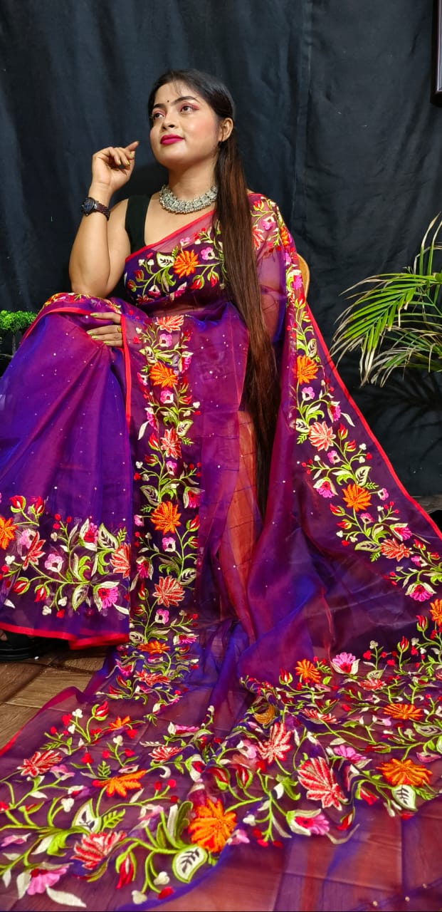 Purple Pure Reshom Silk Mark Certified Muslin Embroidered Saree - Dailybuyys