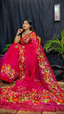 Bright Pink Pure Silk Mark Certified Muslin Embroidered Saree
