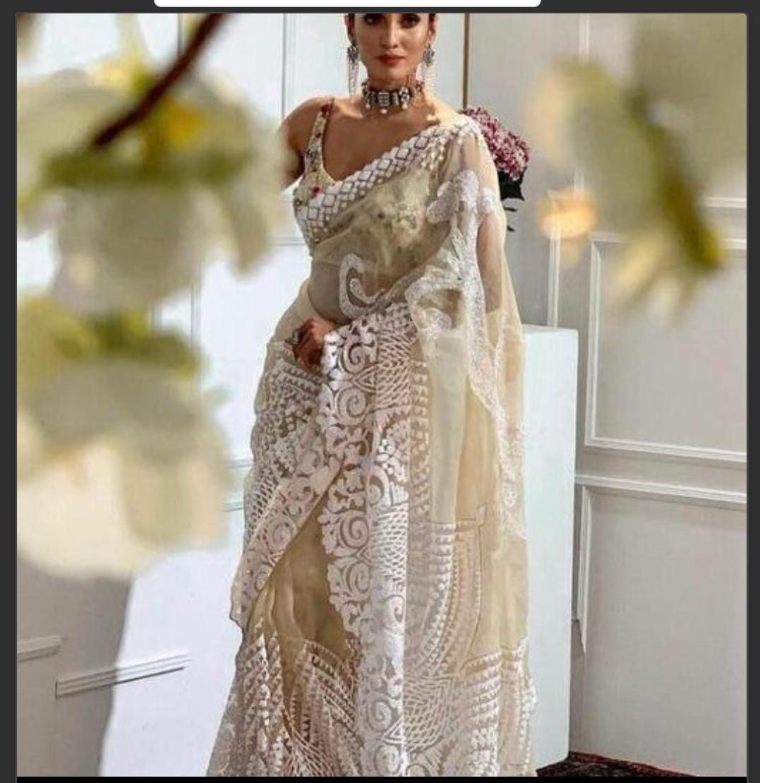 Beige with white lace embroidery Net Sarees - Dailybuyys