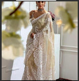 Beige with white lace embroidery Net Sarees