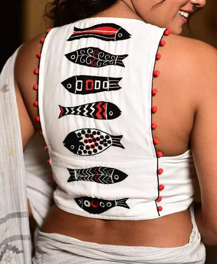 White Fish Embroidery Design Blouses - Dailybuyys