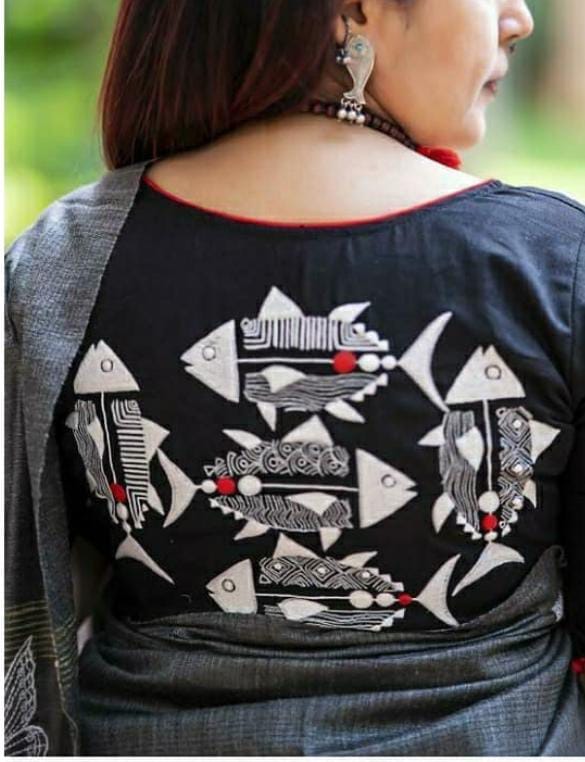 Black Fish Embroidery Design Blouses - Dailybuyys